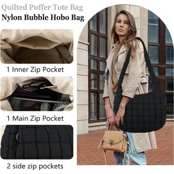 Womens Quilted Puffer Tote Bag Large Crossbody Shoulder Nylon Hobo Carryall Bag - Picture 4 of 7
